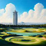 高尔夫球场，打高尔夫，大草坪，远处高楼大厦，油画风格，蓝天白云
