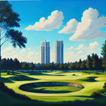 高尔夫球场，打高尔夫，大草坪，远处高楼林立，油画风格，蓝天白云
