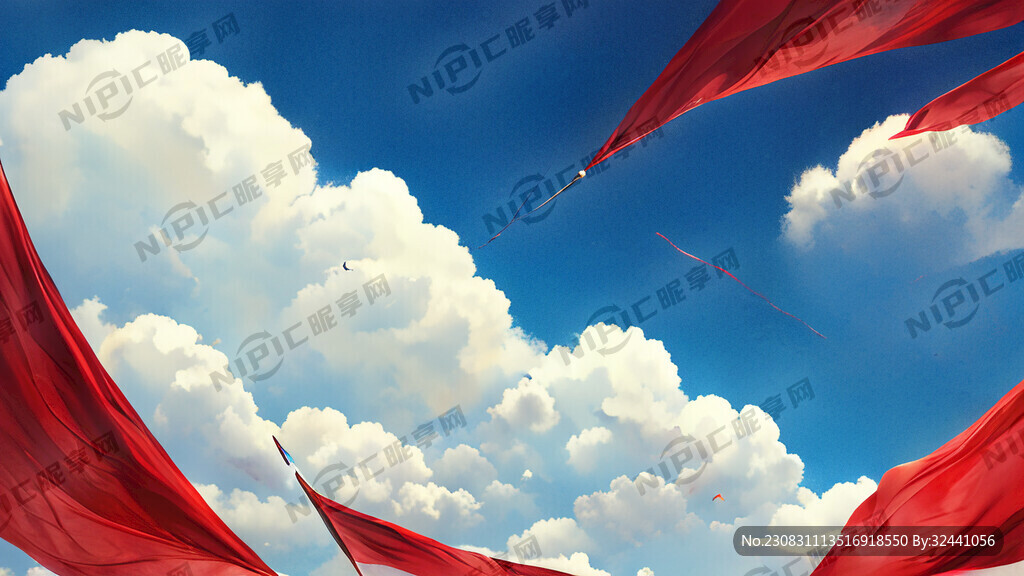 插画红旗飘舞 蓝天白云