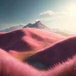 照片的山丘覆盖着粉红色的草，阳光明媚的天气，在屏幕中间的放大镜，超现实，辛烷值渲染