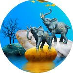 水彩大象湖畔圆形挂画装饰画