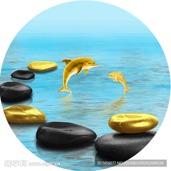 鹅卵石海豚海景圆形挂画装饰画