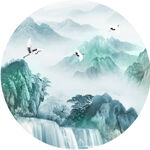 仙鹤水墨山脉圆形挂画装饰画