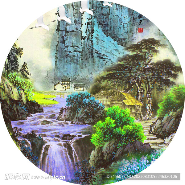 溪流山脉水彩风景画圆形挂画