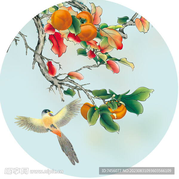 柿子树飞鸟圆形挂画装饰画