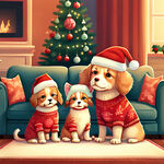 小狗小猫家庭和睦过着圣诞节小狗穿着圣诞节衣服小猫咪待着圣诞帽在沙发上客厅里舒舒服服的温馨画面
