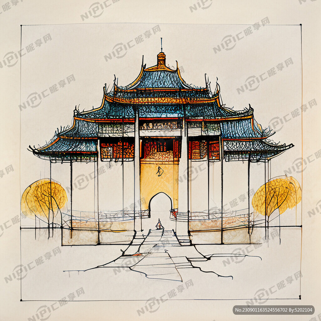 中国风 抽象 手绘 故宫