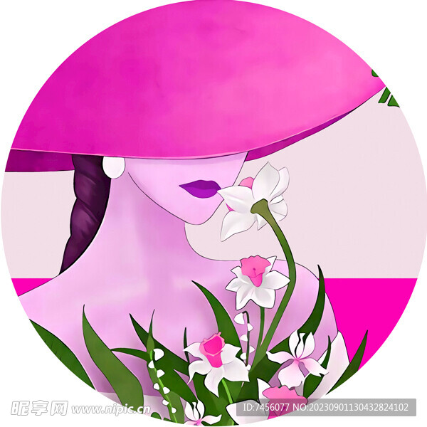 粉色花卉美女圆形装饰画