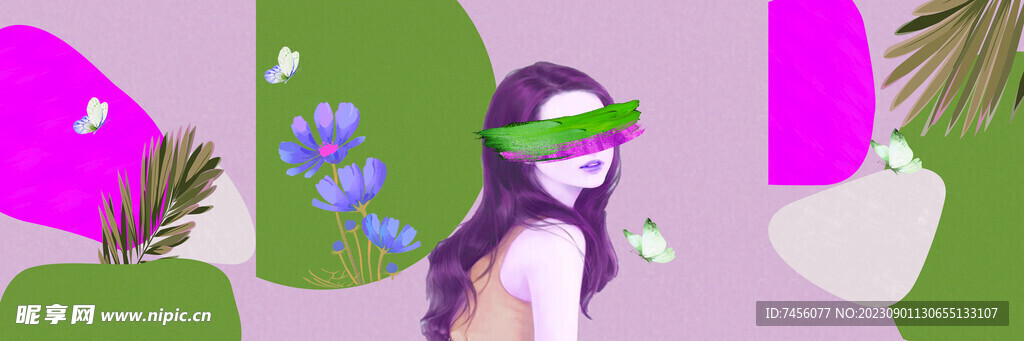 紫色水彩美女植物叶子三联挂画