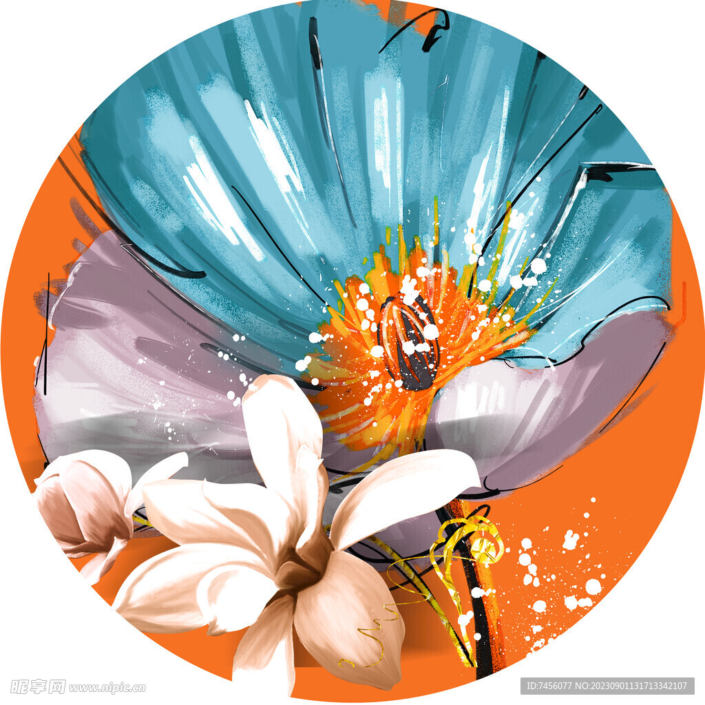 抽象花卉花朵油画圆形挂画装饰画