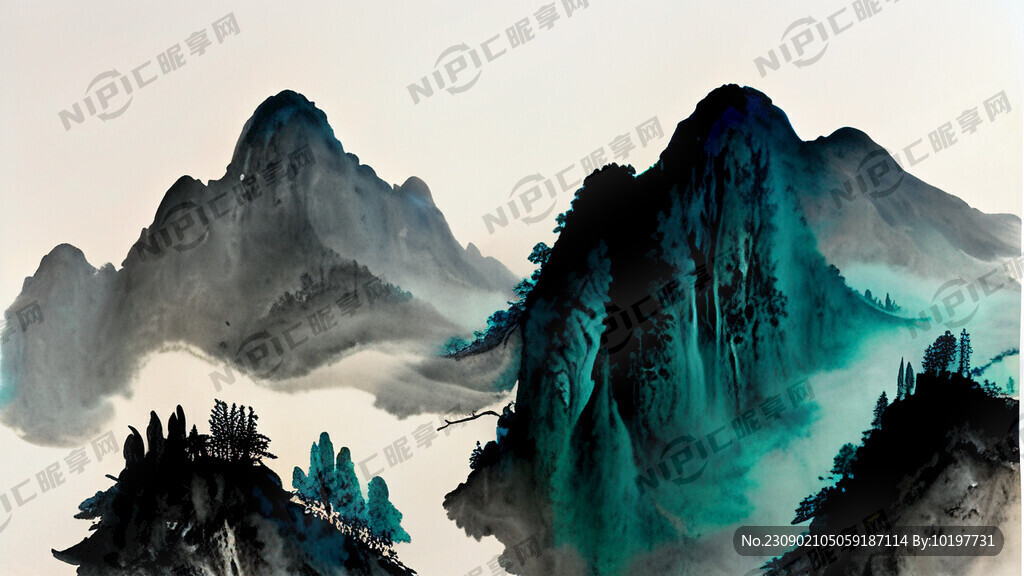 山水 水墨风 骑行的人 水面