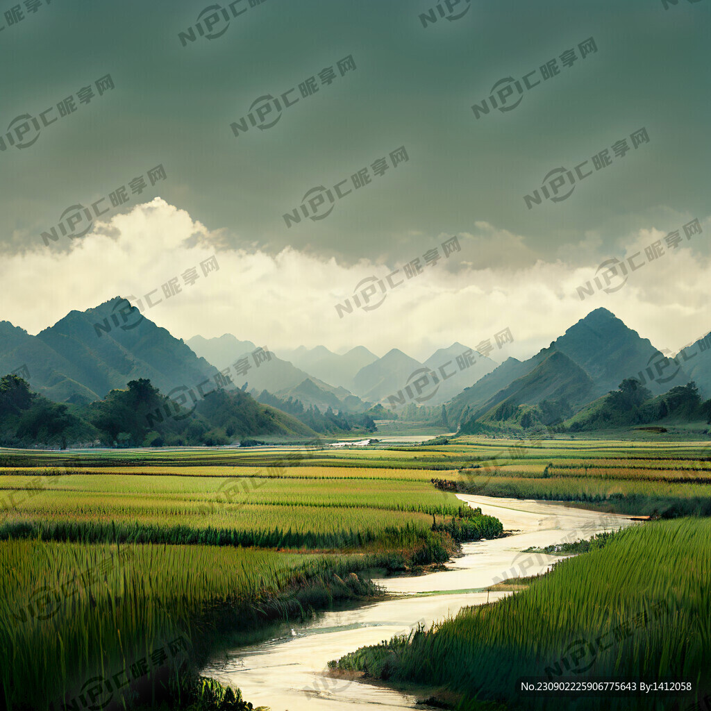 远山稻田大河