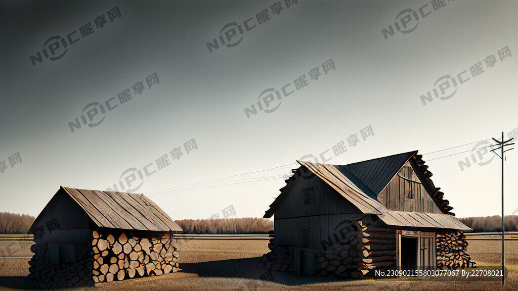 农村 立体 实景 圆木 柴火堆