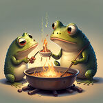 可爱的青蛙和鱼一起吃火锅