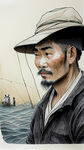 中国风，黑白线条，带帽子的渔夫站在船上钓一只海里的巨大的马林鱼