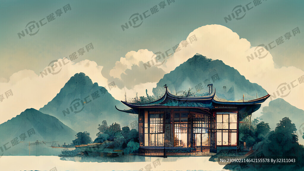 别墅 中式 复古 远景 平视