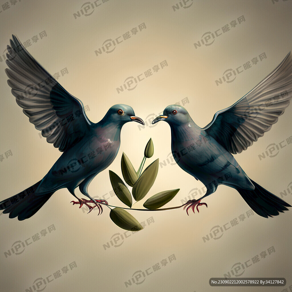 两鸽子左右飞翔嘴含橄榄枝。