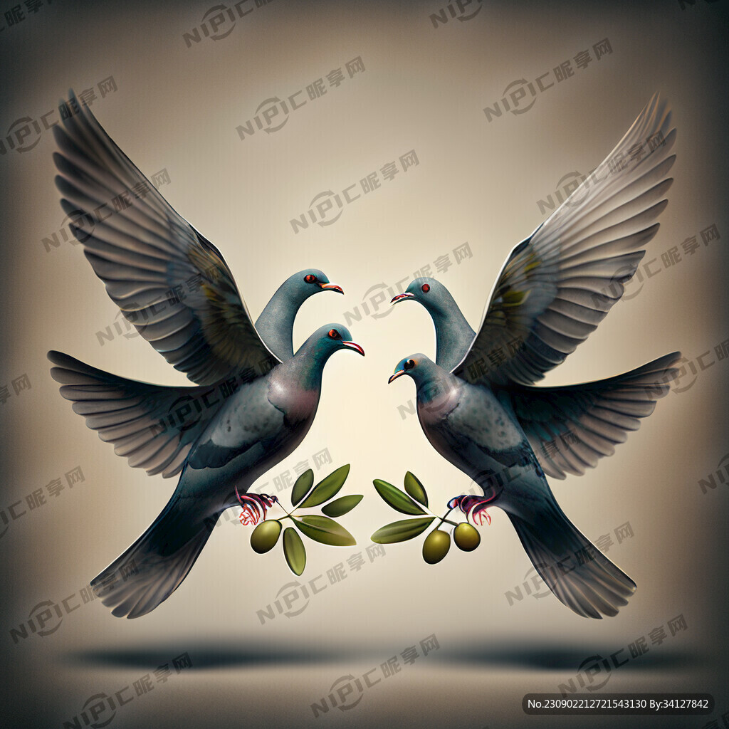 两只嘴含橄榄枝的鸽子左右分开飞