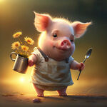 会说话的小猪，穿着围裙，有很可爱的小脚丫
早上，下太阳下浇花