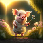 会说话的小猪，穿着围裙，有很可爱的小脚丫
早上，太阳下，花园里浇花