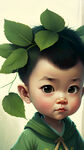 可爱的小孩，圆脸大眼睛，头上有一根树叶一样的呆毛，穿绿色衣服