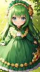 穿绿色衣服的可爱小女孩，圆脸大眼睛，头顶一片绿叶