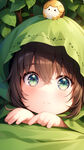 可爱小女孩，圆脸大眼睛，头顶上插着一片绿叶，穿绿色衣服