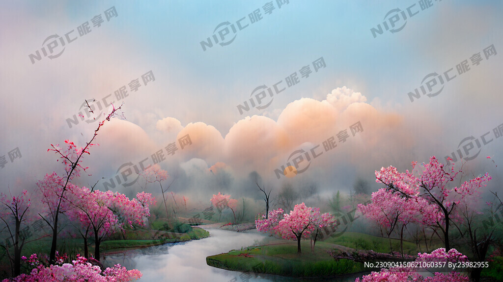 桃花园桃树鸟小河云雾缭绕
