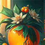 梦幻游戏场景，赛博朋克风格，花开在橙子上，绿色叶子，超高清，细节刻画，明亮清晰