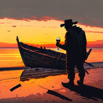 日落的海边有一个破木船，一个人喝酒