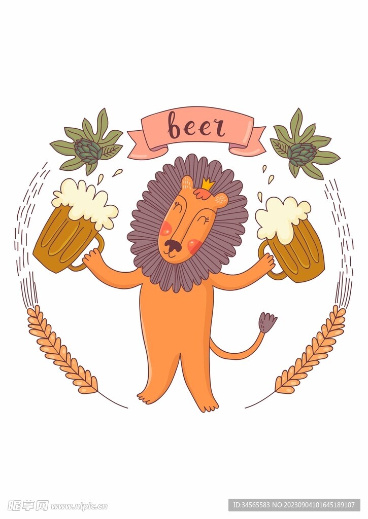 啤酒节logo可爱狮子小麦