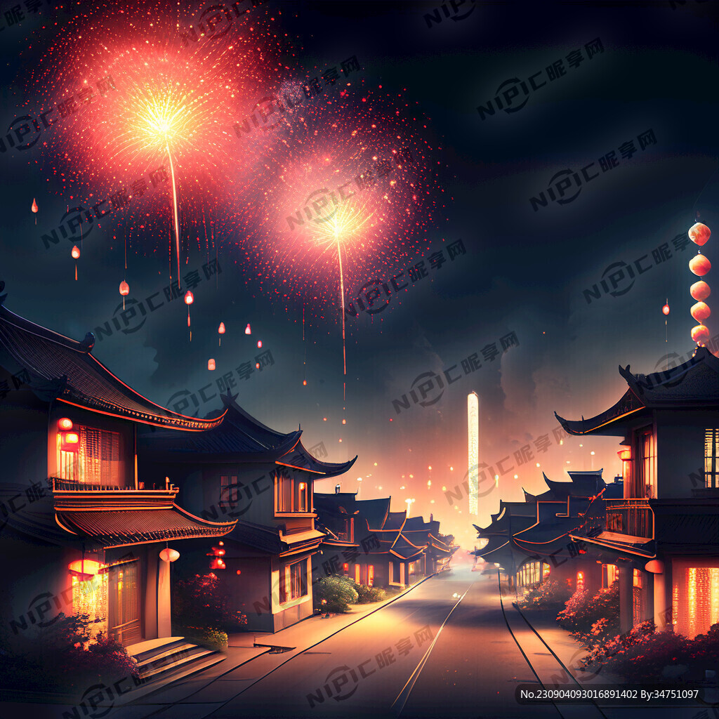 有烟花的夜景房屋街道天空