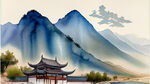 中国画风，背景为坡度平缓的山，及流水，晴天是，白云，有寺院，前景为开阔的草原