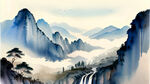中国画风，晴天白云，背景为远处坡度平缓的山山峰，瀑布及佛教寺院，近处为流水及开阔的草原