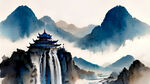 中国画风，远处蓝天白云，高山瀑布，古寺，近处平原流水，前景开阔。