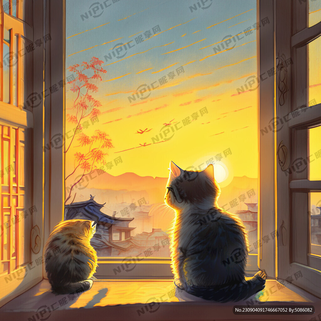 早上日出一只小猫咪隔着窗户看日