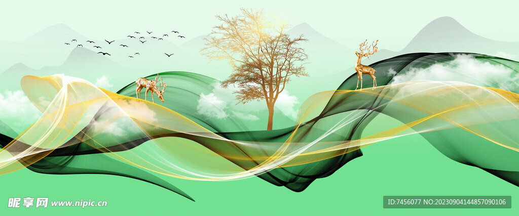水彩麋鹿树风景画挂画装饰画