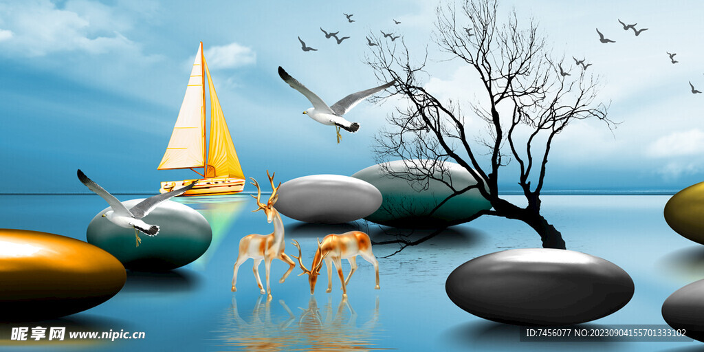 麋鹿湖畔鹅卵石艺术挂画装饰画