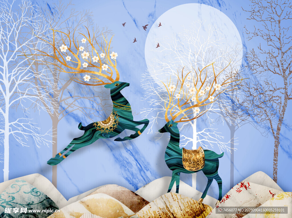 水彩麋鹿水彩艺术挂画装饰画