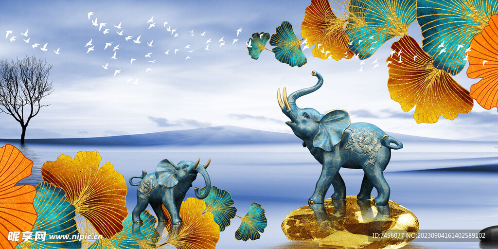 水彩大象湖畔艺术挂画装饰画