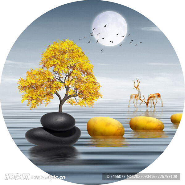 发财树湖畔圆形挂画装饰画