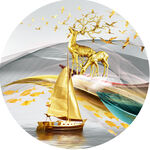 金色麋鹿帆船唯美圆形挂画装饰画