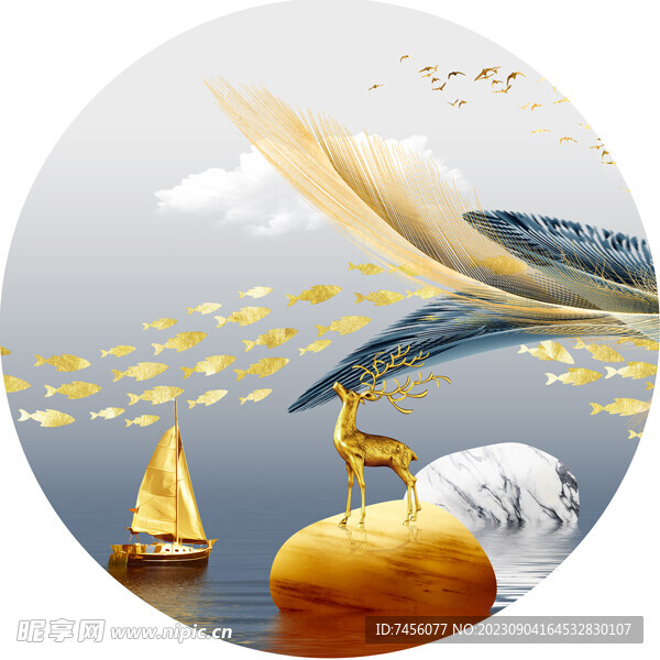水彩羽毛帆船湖畔圆形挂画装饰画
