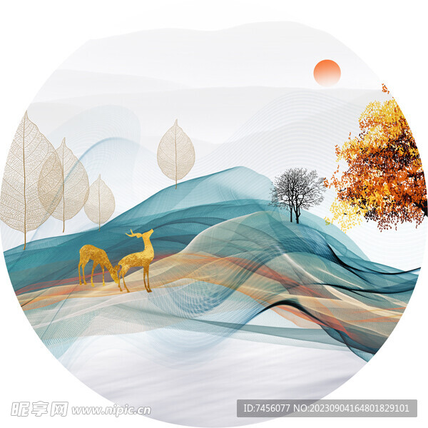 麋鹿水墨湖畔圆形挂画装饰画