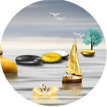 水墨鹅卵石帆船湖畔圆形挂画