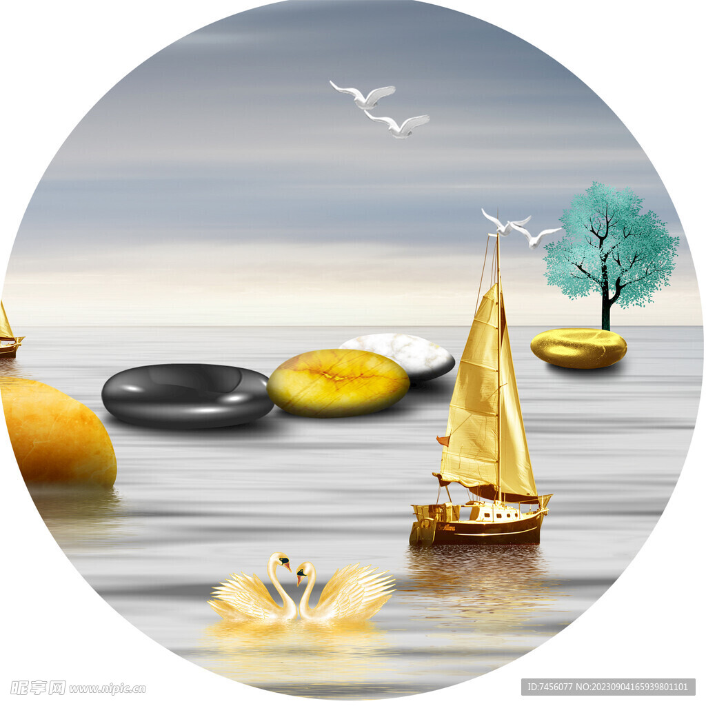 水墨鹅卵石帆船湖畔圆形挂画