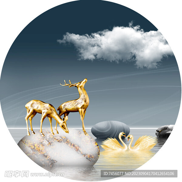 麋鹿鹅卵石湖畔美景圆形挂画