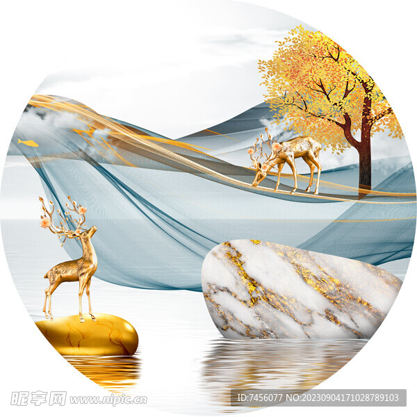 湖畔麋鹿水彩风景画圆形挂画