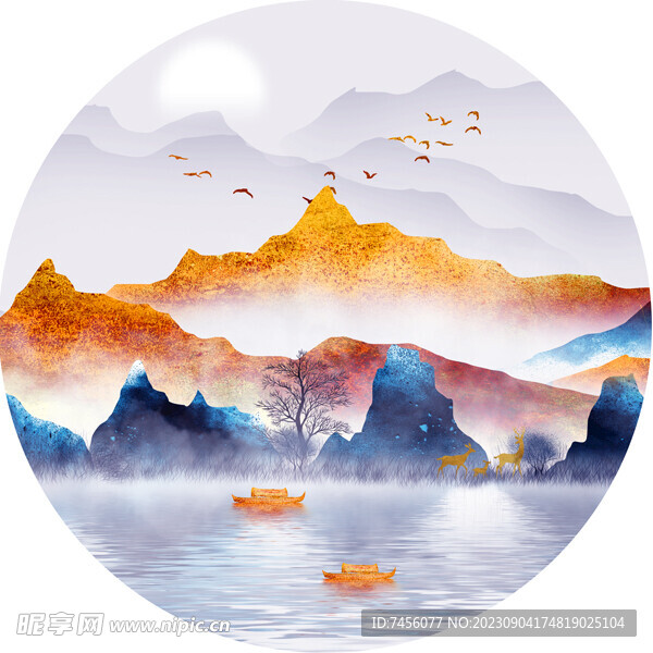 水彩山脉中式圆形挂画装饰画