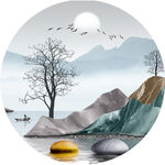 中式山水湖畔圆形挂画装饰画